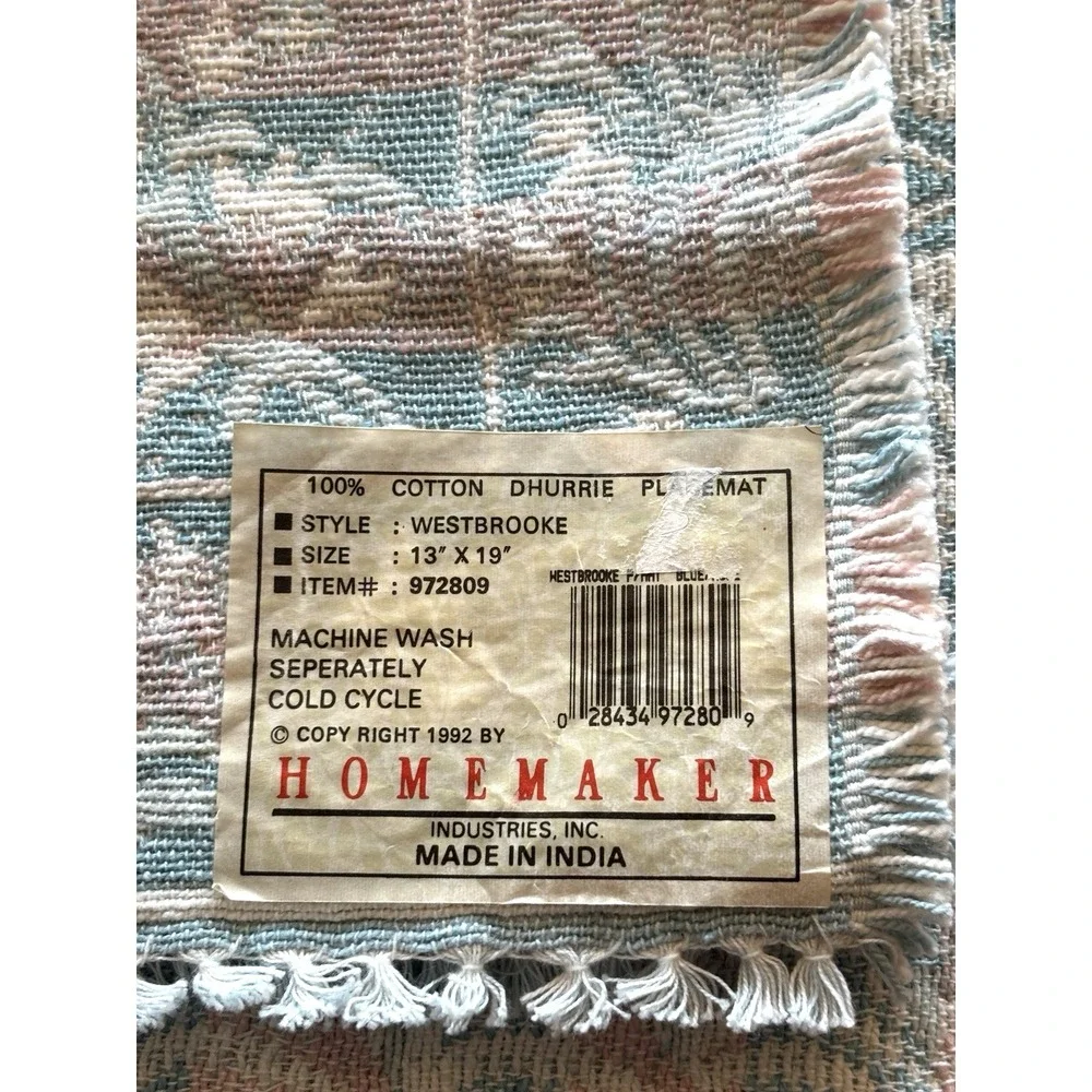 Vtg 1990s Place Mat Set of 4 NWT 100% Cotton Dhurrie Tapestry Pink Blue Cottage